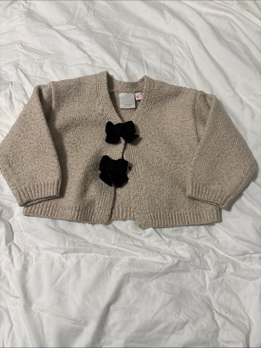 Zara Cream Knit Cardigan with Black Bow Closures